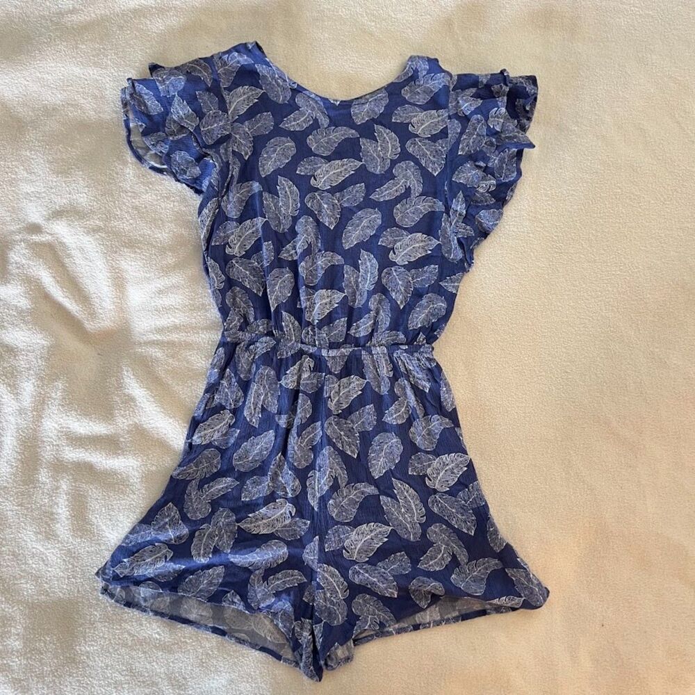 Good Luck Gem Romper Blue and White Leaf Design Key Hole Back Flutter, Size XS